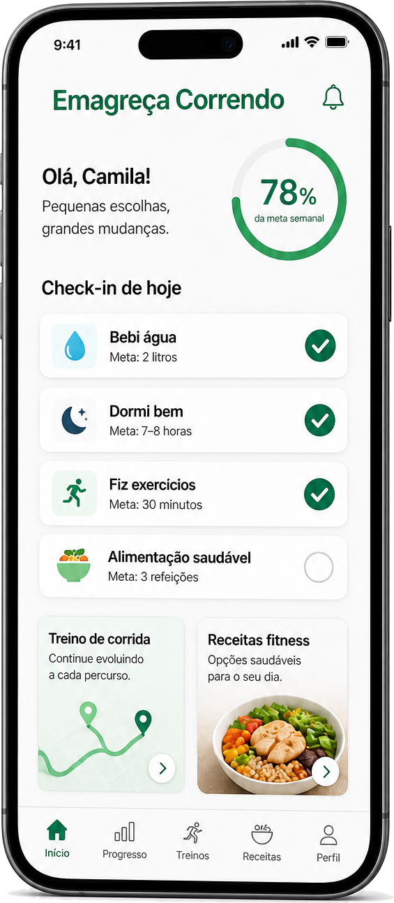 Aplicativo Emagreça Correndo mostrando check-in de hábitos, treino de corrida e receitas fitness